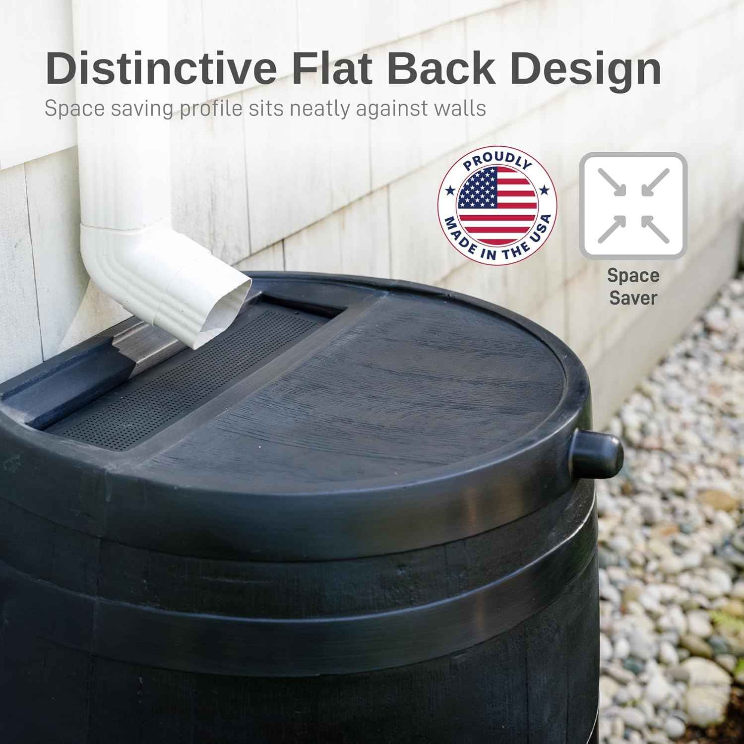 RTS Home Accents 50-Gallon ECO Rain Barrel Made with 100% Recycled Plastic, Flat Back Rain Water Collection Barrel, Black