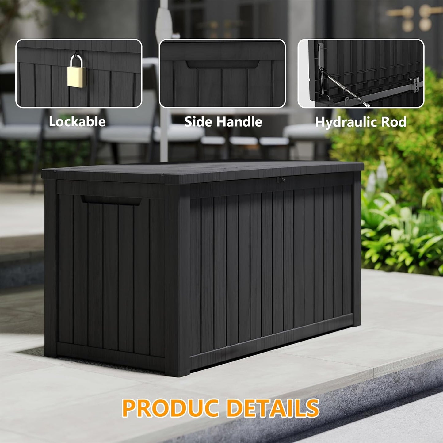 200 Gallon Outdoor Storage Box Waterproof Large Resin Deck Box Indoor/Outdoor Lockable Storage Container and Seating for Garden, Pool, and Patio (200 Gallon, Black)