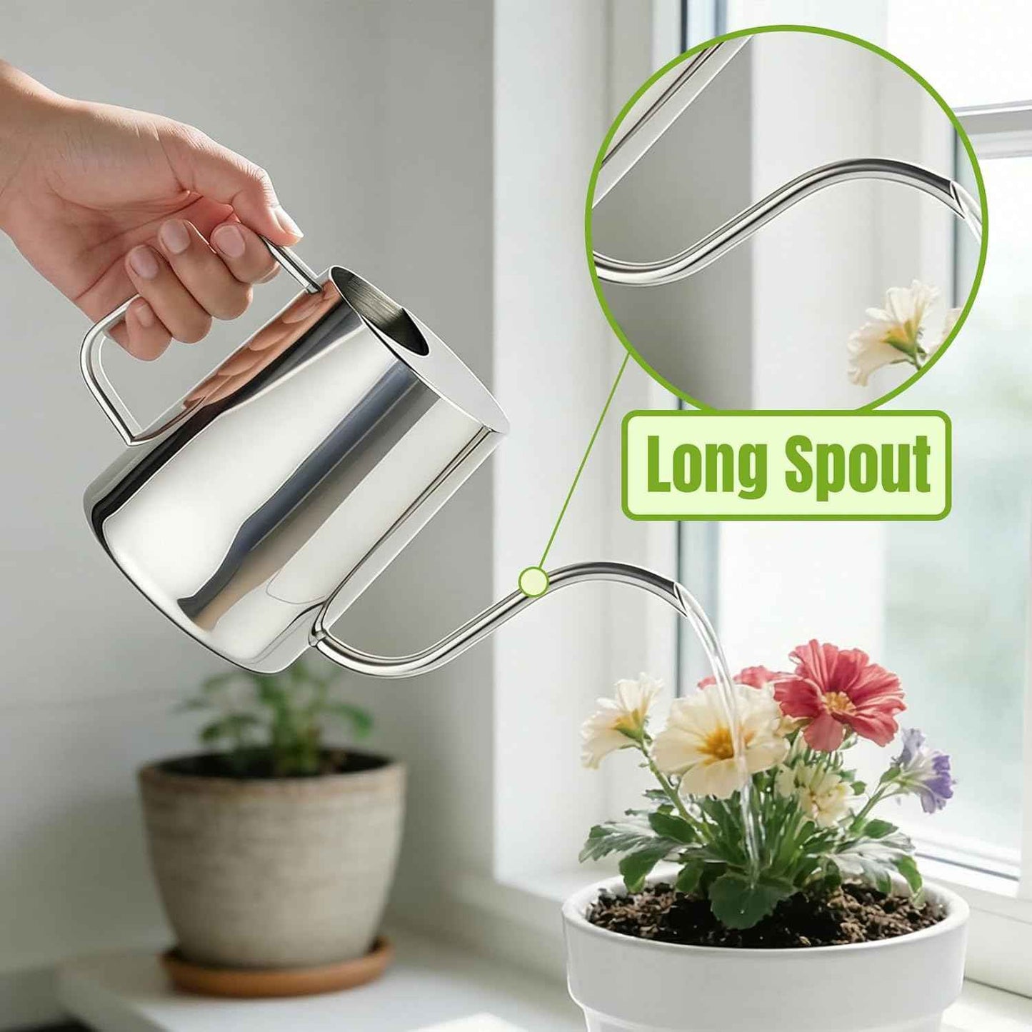 34oz/1000ml Watering Can Indoor Plants with Long Spout, Plant Watering Can for Ergonomic Handle, Rust-Resistant & Durable 304 Stainless Steel, Office & Home