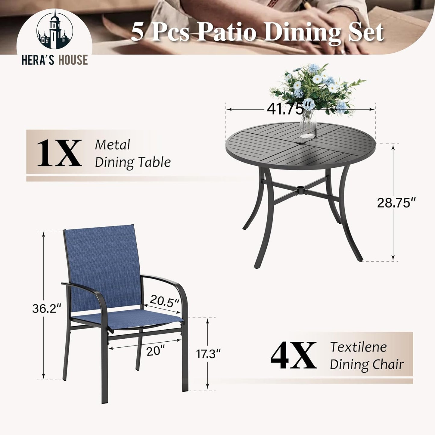 HERA'S HOUSE 5 Pieces Patio Dining Set, 4 x Blue Textilene Dining Chair, 42" Metal Round Dining Table, Patio Table and Chairs Set for Lawn Garden Backyard Deck