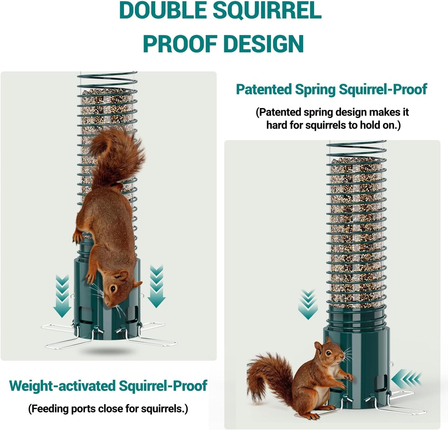 Squirrel Proof Bird Feeder, Metal Bird Feeders for Outdoors Hanging, 3.6LB Large Seeds Capacity for Wild Birds, Finch, Cardinal, Blue Jay, Chickadee, Green