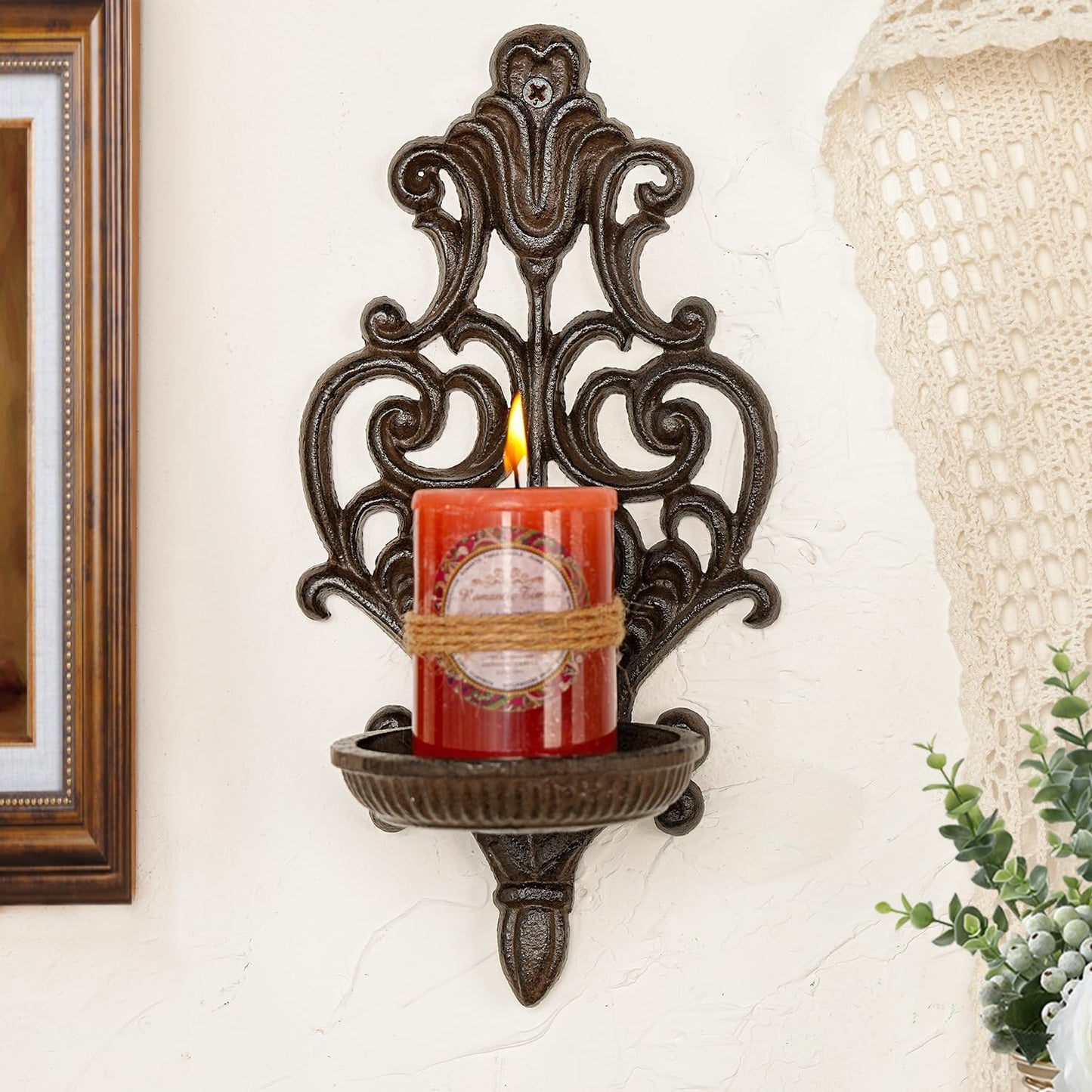 Sungmor Cast Iron Wall Candle Sconce,Ornate Scrollwork Design Tealight Stand,Rustic Wall-Mounted Decorative Sconce for Home,Bedroom,Farmhouse Decor