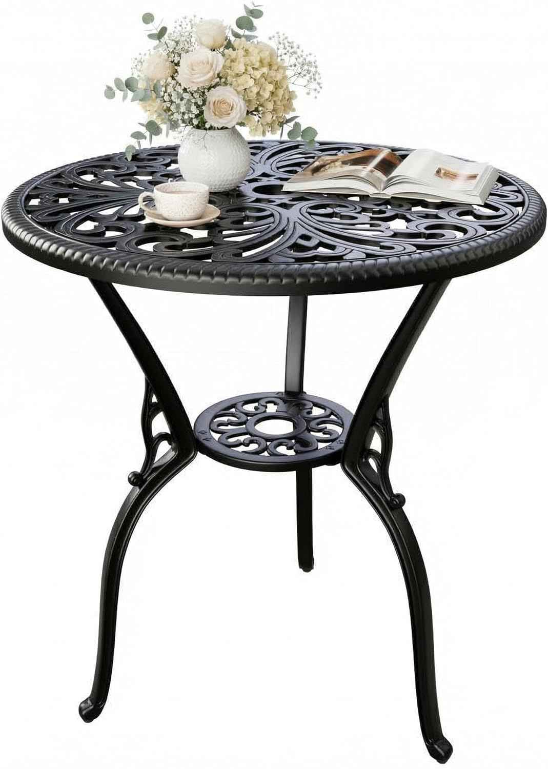 23" Round Cast Aluminum Patio Bistro Table, Outdoor Coffee Bistro Side Table with Umbrella Hole, Antique Design Dining Desk for Backyard, Garden, Porch, Pool, Balcony, Black