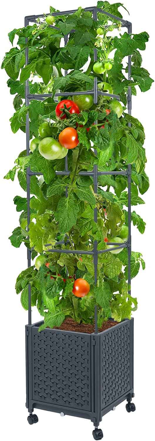 LINEX Raised Garden Bed Planter Box with Trellis, 56.7” Tomato Planters for Climbing Plants Vegetable Vine Flowers Outdoor Patio, Tomatoes Cage w/Self-Watering & Wheels