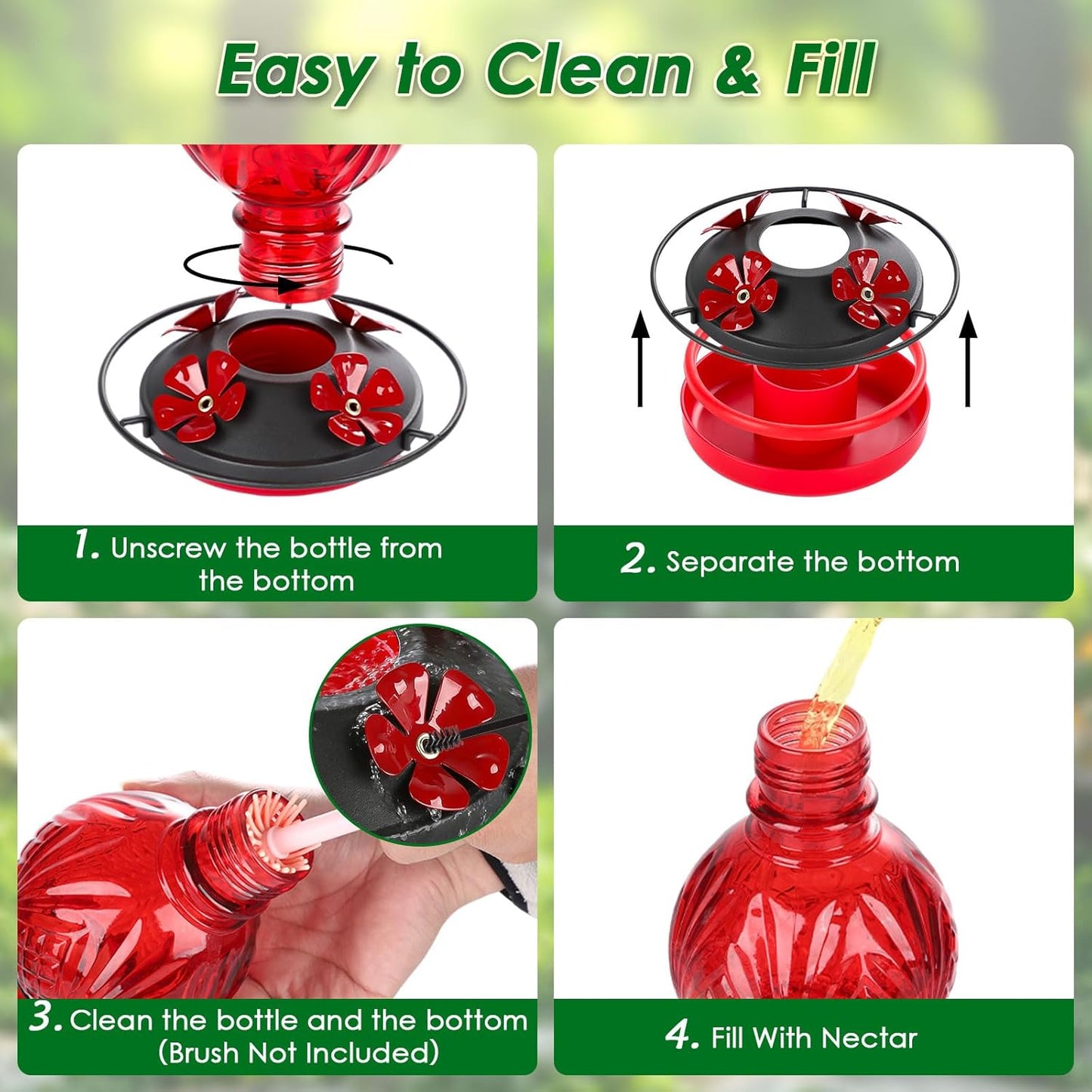 Glass Hummingbird Feeder for Outdoors Hanging, 20oz Bird Nectar Feeder with 4 Bee Guard Flower-Shaped Feeding Ports & Built-in Ant Moat, Easy to Clean, for Bird Lover,1 Pack, Red