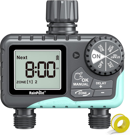 RAINPOINT Sprinkler Timer 2 Outlet, Water Timer for Garden Hose, Programmable Drip Irrigation Timer for Yard Outdoor Watering, Rain Delay/Manual/Automatic System Controller 2.5" LCD, V2, 2023 Release