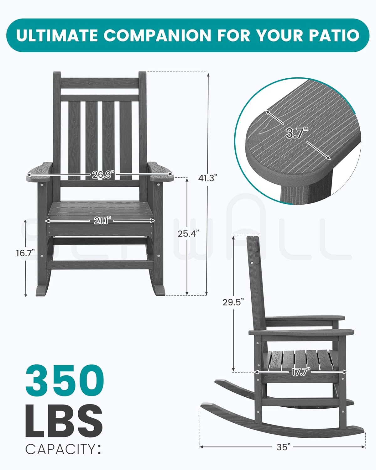 SERWALL HDPE Outdoor Rocking Chair Set of 8, Patio Rocking Chairs for Adults, All Weather Outdoor Rockers for Lawn, Grey