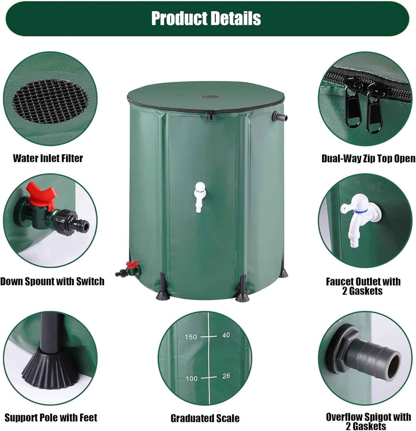 THUNDERBAY 53 Gallon Collapsible Rain Barrel, Portable Rain Barrels to Collect Rainwater from Gutter, Rainwater Collection System, Water Storage Tank Catcher Container with Filter Spigot