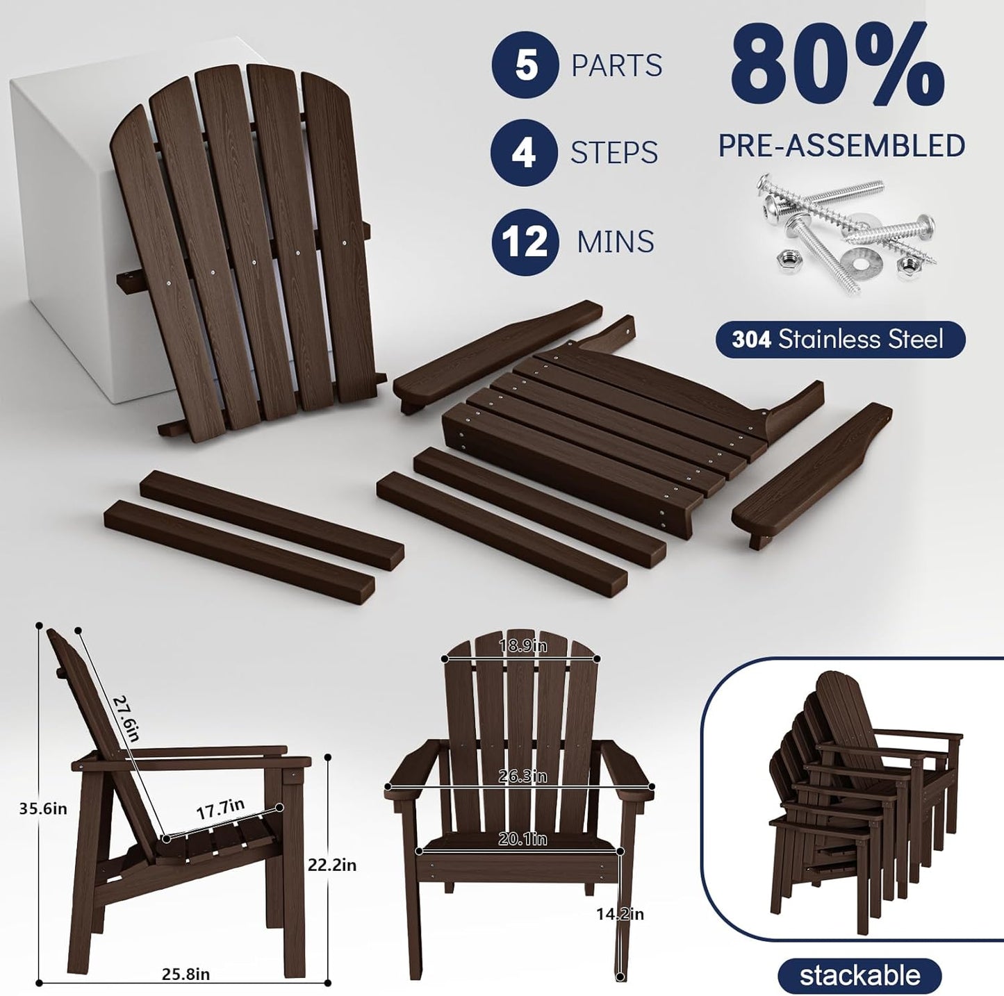 Stackable Adirondack Chair, HDPE Outdoor Patio Chair - Durable and Space Saving, Suitable for Porches, Lawns or Garden, Coffee