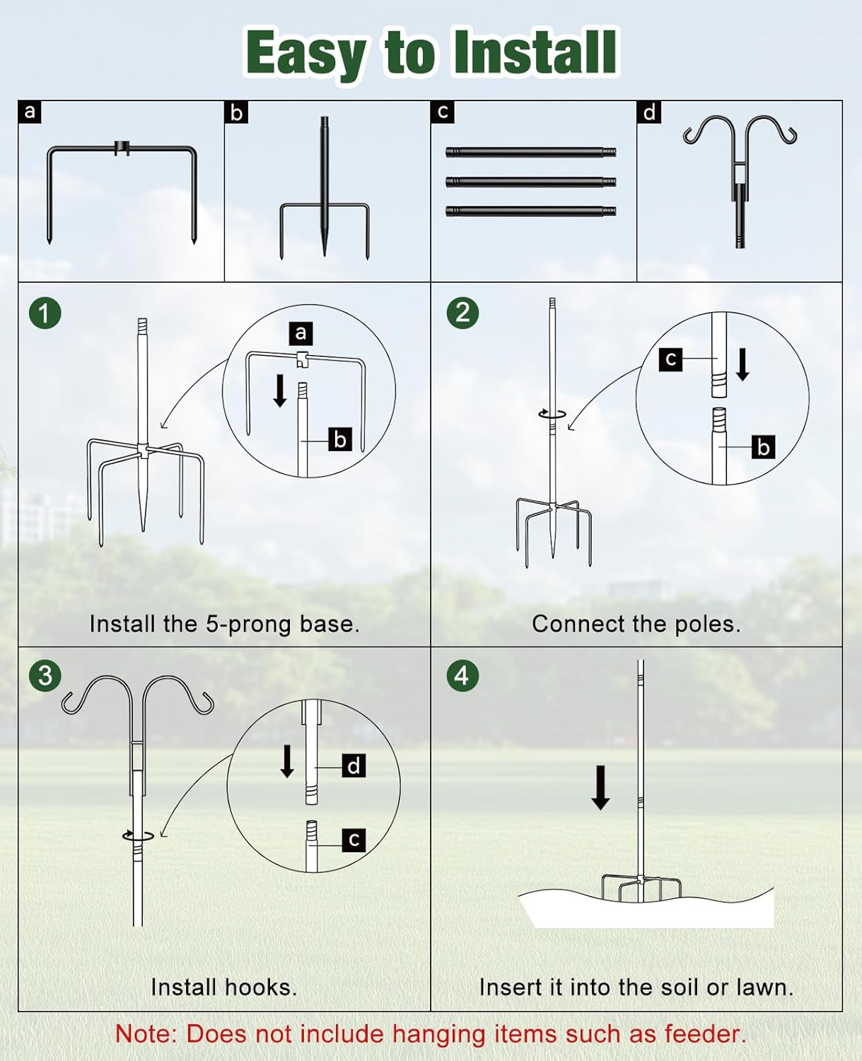 Double Shepherds Hooks, 76 Inch Bird Feeder Pole with 5-Prong Base, 3/4 Inch Thick Heavy Duty Adjustable Garden Hooks for Hanging Plants, Hummingbird Feeder, Solar Lights, Lantern Outdoor Garden Decor
