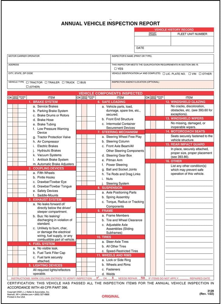 J. J. Keller 25-Pack, Annual Vehicle Inspection Report Form & Red FMCSA Label Aluminum, 3-Ply Carbonless Form, DOT Compliant