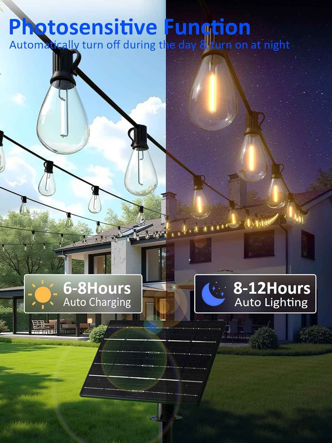 50FT Solar String Lights Outdoor Waterproof 18+1 LED Bulbs 20+Hrs Commercial Grade Shatterproof USB Solar Lights for Camping Backyard Garden Porch Decor (100Ft)