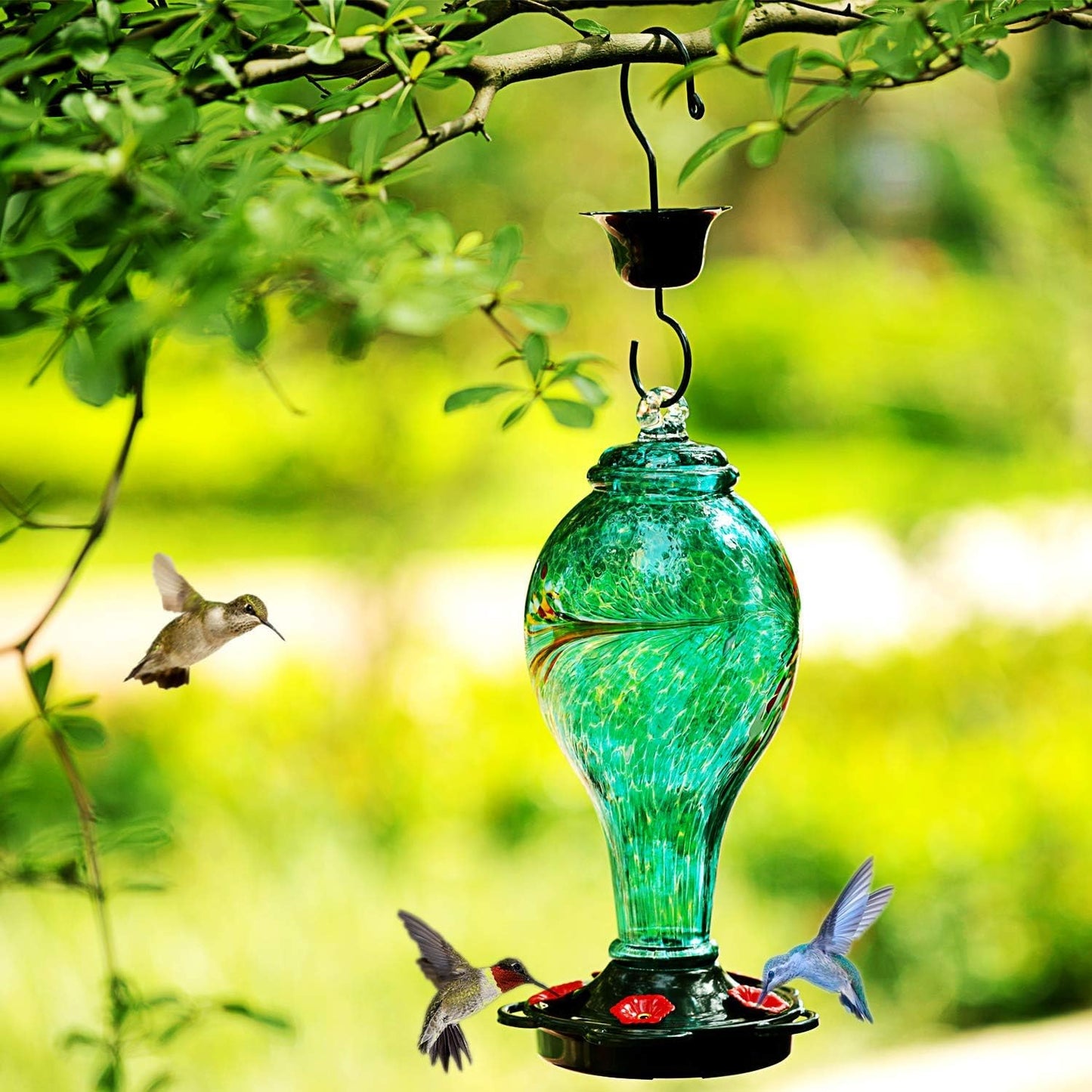 LUJII Hummingbird Feeder, Hand Blown Glass Hummingbird Feeder, Never Fade, 36 Fluid Ounces, 5 Feeding Metal Stations, Much Bigger, Garden Backyard Decorative, Containing Ant Moat (Blue)