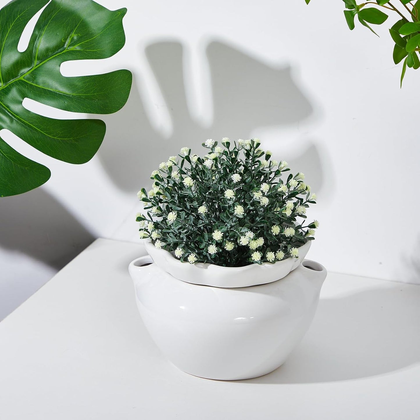 1 Set 7.5 Inches African Violet Pots Self Watering White Ceramic Pot for Indoor Plants, Flowerpot with Highly Absorbent Inner Pot for Busy Plant Lovers, Plant Care