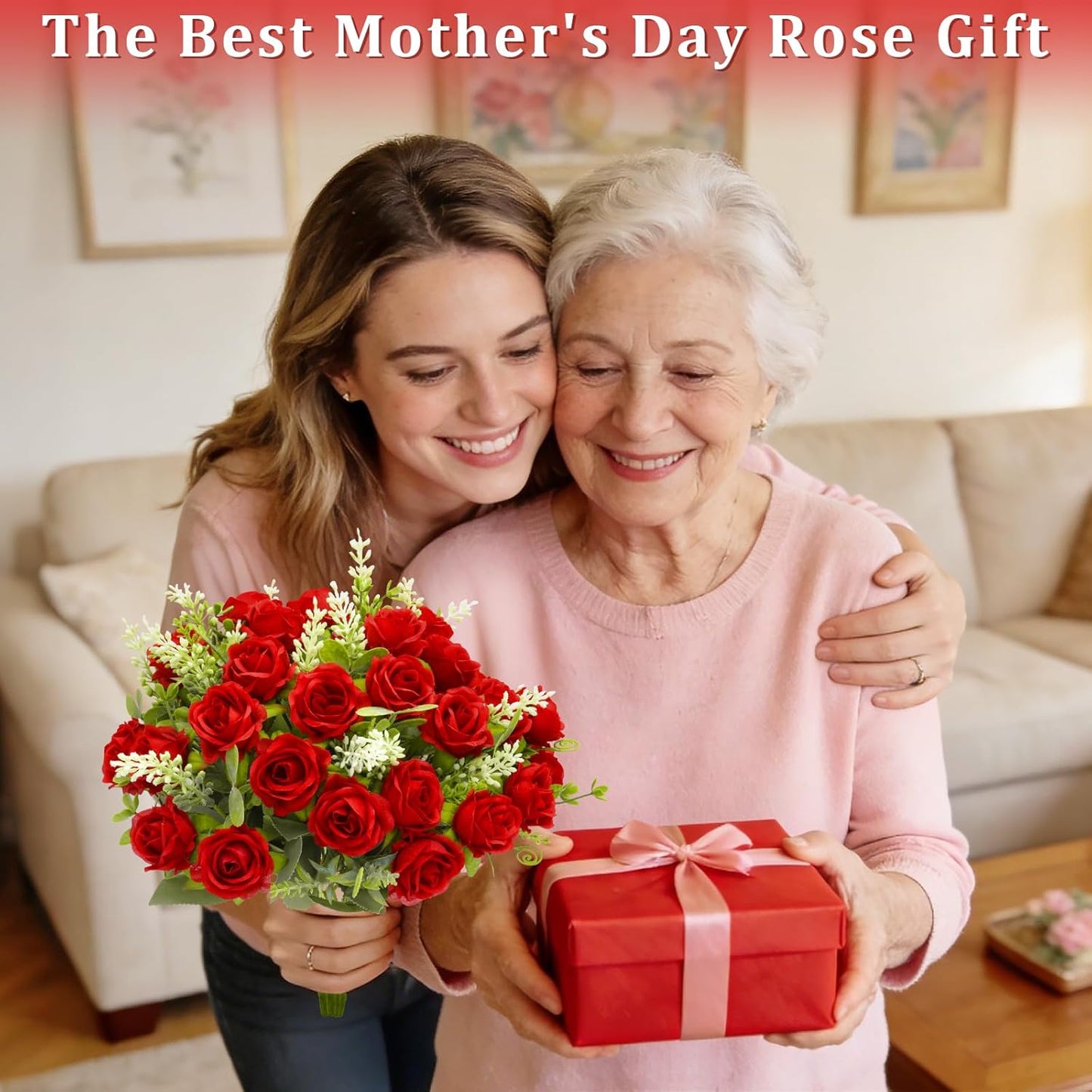 TURNMEON 40 Heads Fake Roses Artificial Flowers for Outdoors Summer Decor, 4 Bouquets UV Resistant Fake Flower Bouquet Faux Silk Roses for Wedding Birthday Party Home Indoor Cemetery Decor(Red)