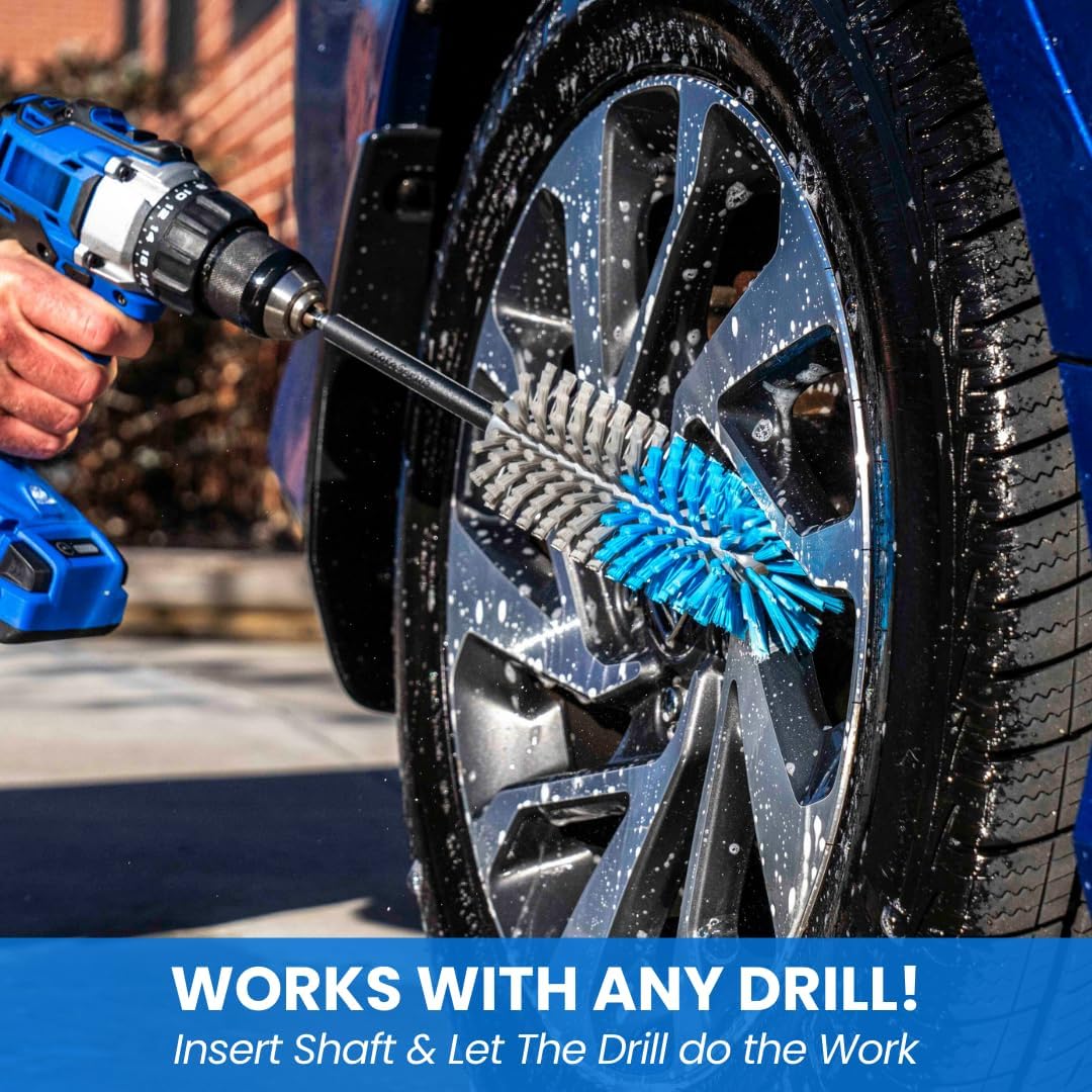 Long Reach Drill Brush Attachment, All Purpose for Car Tires, Wheels, Wheel Wells, Engine Bays, Exhaust Pipes, Running Boards, Hard to Reach Areas, with Heavy Duty Non-Scratch Nylon Bristles - Lumora Garden