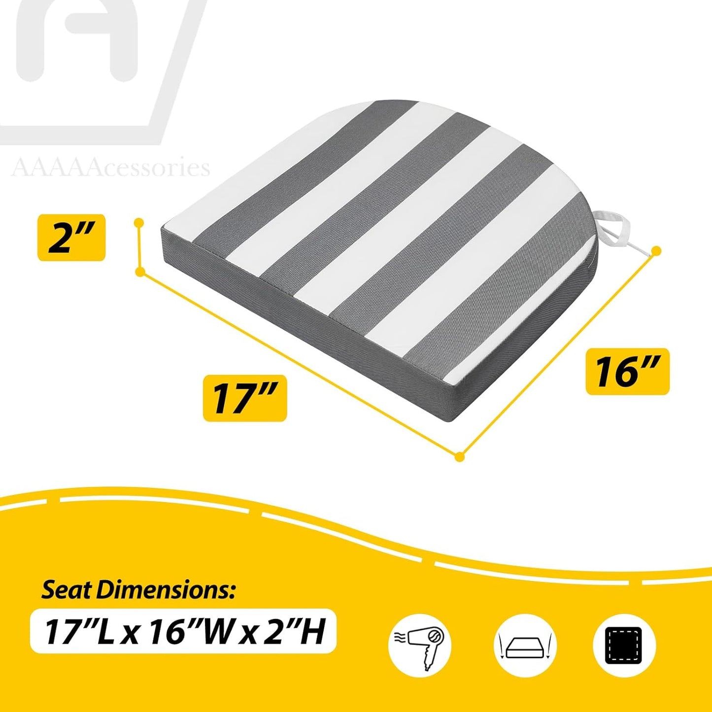 AAAAAcessories Outdoor Seat Cushions for Chairs, Waterproof, Fade-Resistant Patio Furniture Replacement Cushions, 17" x 16" x 2", Set of 2, Gray Cabana Stripe