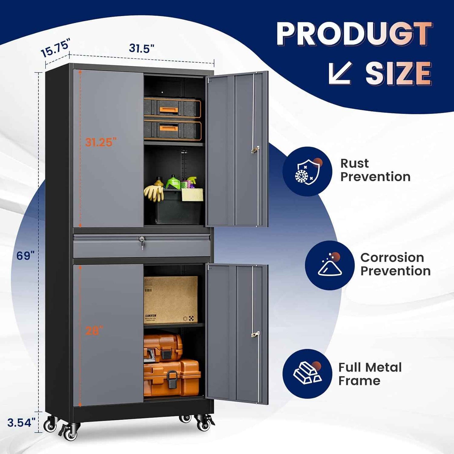 Yizosh Metal Garage Storage Cabinet with Locking Doors and Adjustable Shelves, -73" Steel Rolling Tool Storage Cabinet with 4 Wheels and 1 Drawer for Garage,Office,Warehouse