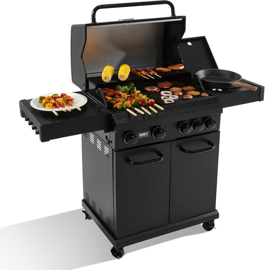 MBY 4-Burner Propane Gas Grill, 50,000 BTU Heavy Duty Outdoor BBQ Grill with Side Burner, Cast Iron Cooking Grates & Griddle for Backyard Barbecue