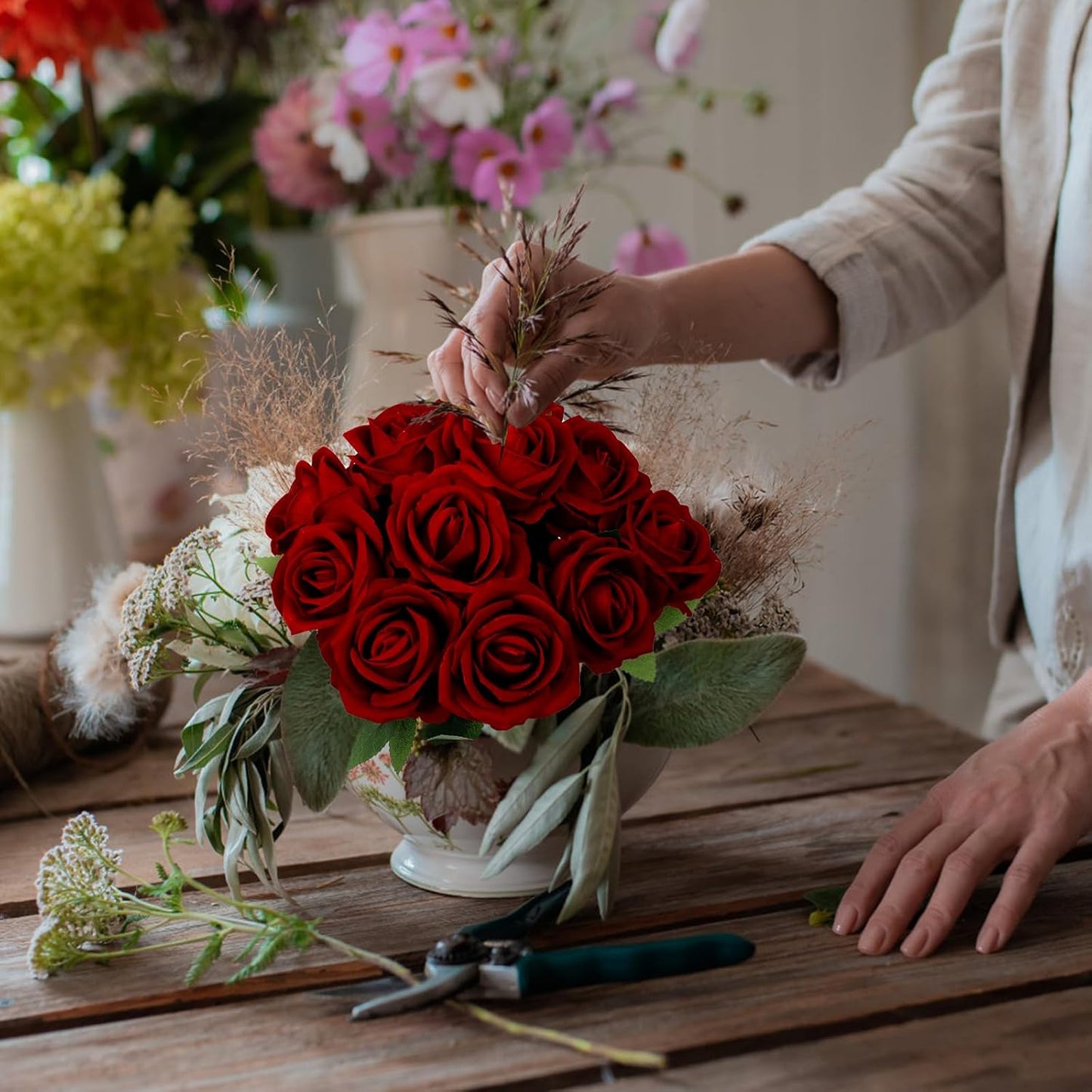 12 Pcs Artificial Rose Flowers, Dark Red Silk Roses with Long Stems, Realistic Fake Roses for Wedding Centerpiece Party Home and Office DIY Decor
