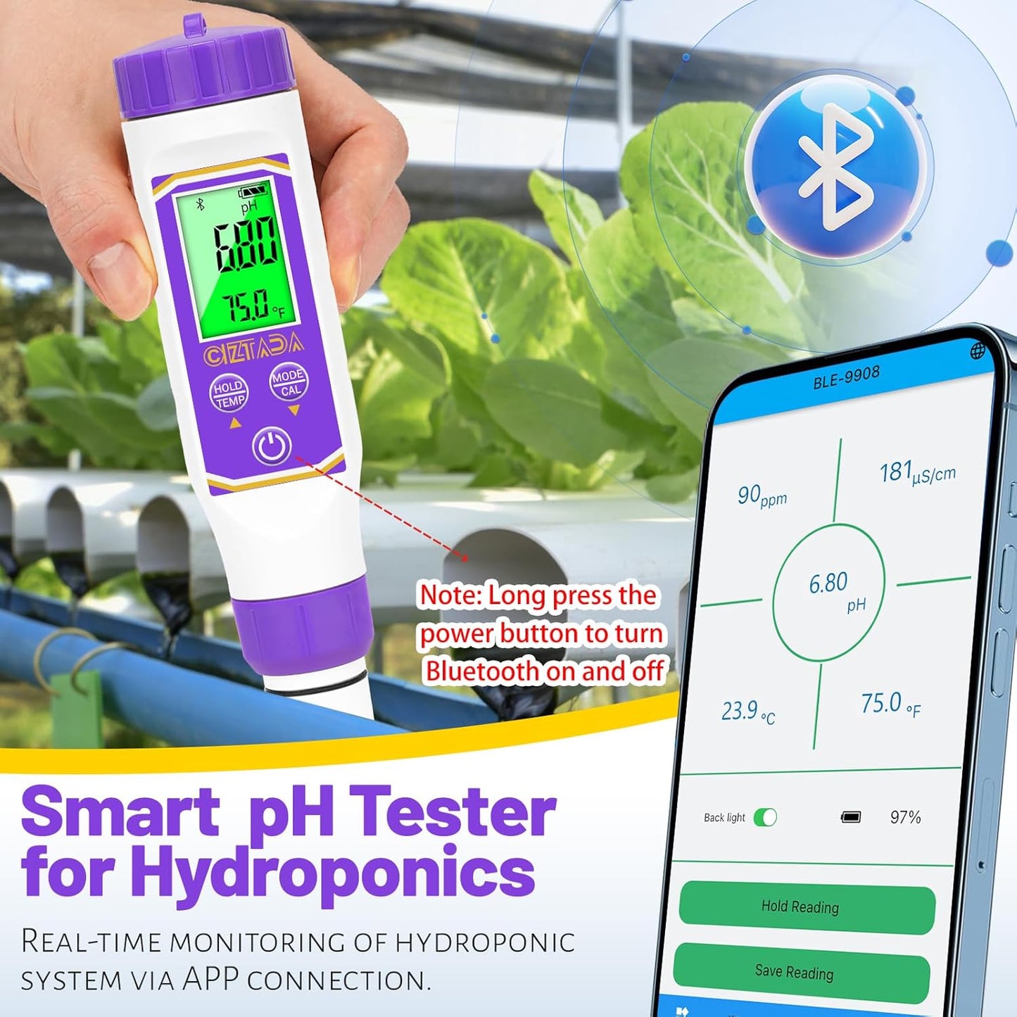 Smart pH Meter for Water pH and EC Meter for Hydroponics Nutrients Digital pH and PPM Tester for Reservoir Water 4 in 1 pH EC TDS Temp Tester for Indoor Plant Growing, DWC, Pool, Aquariums