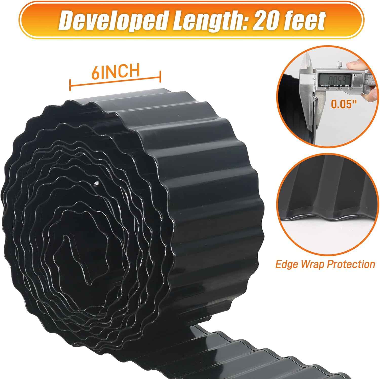 Quibbay Corrugated Metal Garden Edging, 6"20Ft Landscape Border for Lawn, Flower Bed and Garden, Sturdy Galvanized Steel Yard, Flexible for DIY Landscaping and Yard, Black