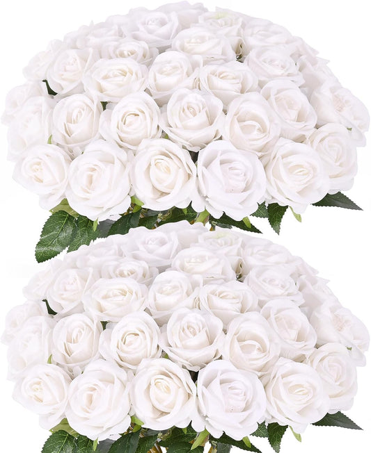 55 PCS Fake Roses Artificial Flowers Bulk, White Roses Bridal Bouquet Silk Faux Rose with Stems for Wedding Flowers Decoration, Valentine's Day, Bridal Bouquet, Anniversary,Home Decor (55PCS, White)