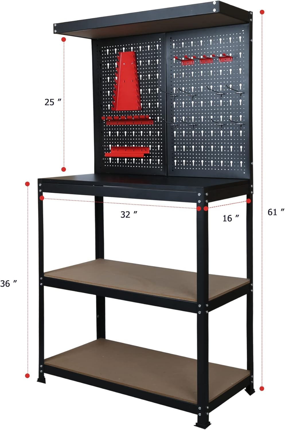 31.5 Inch Workbench with Peg Board, Multipurpose Tool Organizer and Work Bench with Double Storage Platform, Workbench in Garage Workshop