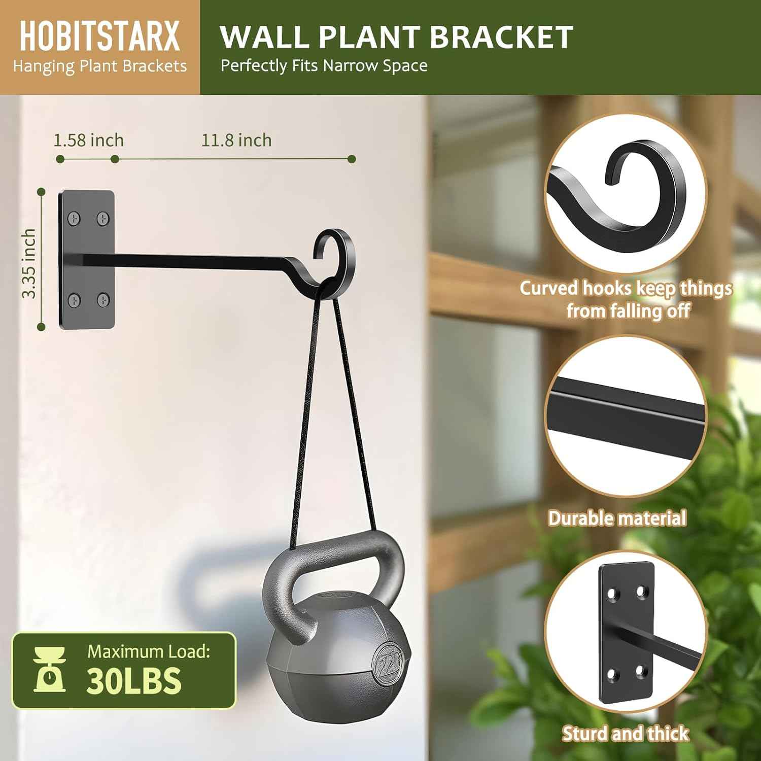 Heavy Duty Plant Hangers Outdoor- Hand-Forged Hanging Plant Brackets - 2 Pack 12 Inch Black Wrought Iron Wall Plant Hooks for Hanging Plants, Lanterns, Bird Feeders