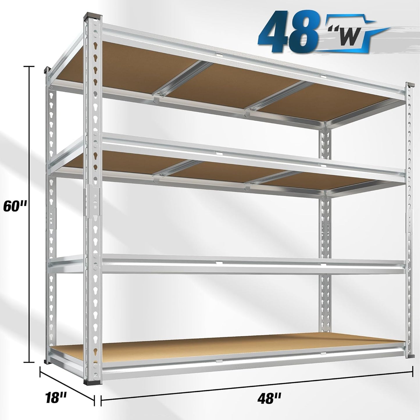 REIBII Garage Shelving, 4 Tier Storage Shelves Load 2000LBS, Adjustable Garage Shelving Heavy Duty, Metal Shelves Unit for Basement, Warehouse, 48" W x 60" H x 18" D, Galvanized