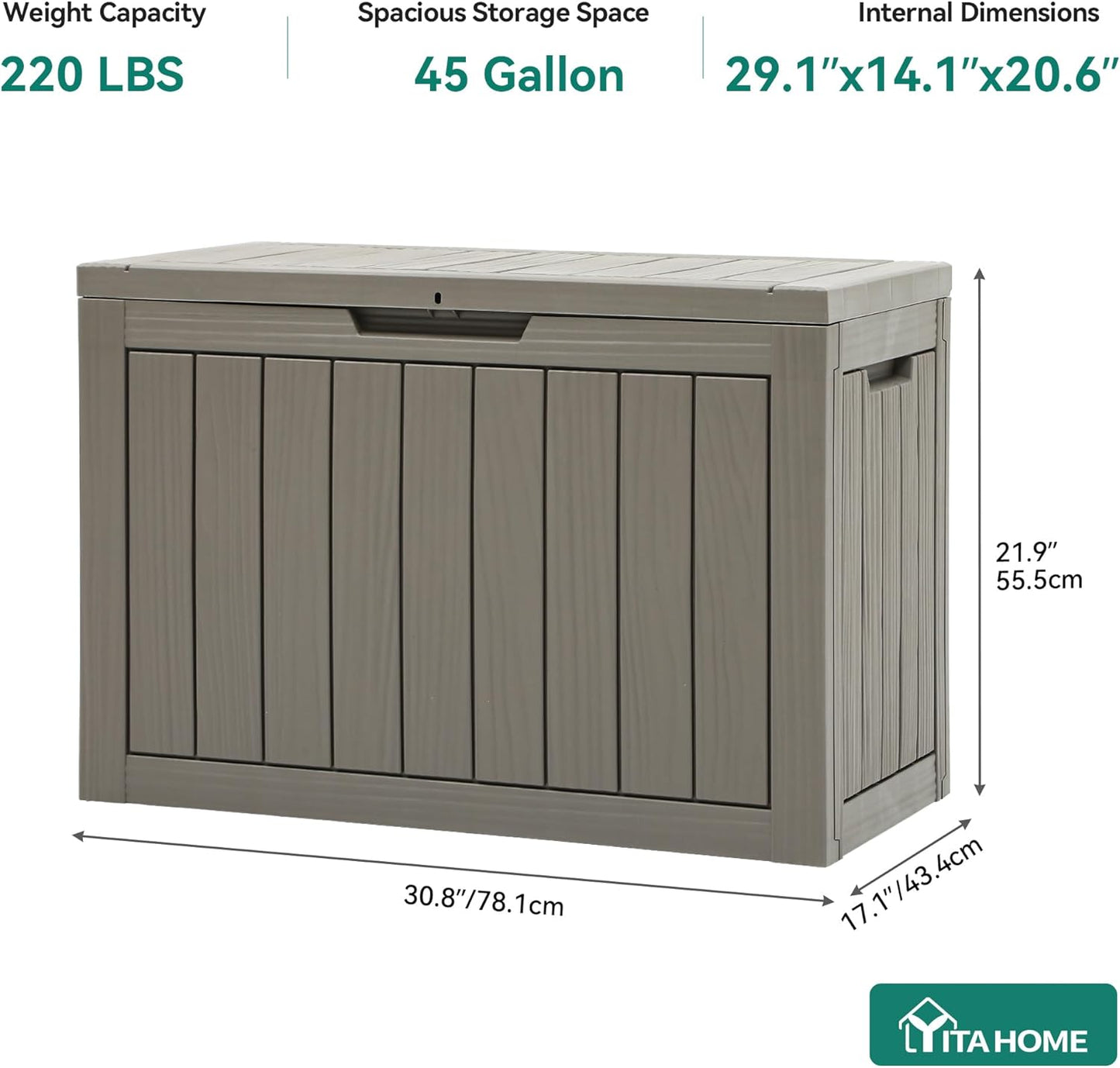 YITAHOME Outdoor Storage Box, 45 Gallon Waterproof Resin Deck Box, Lockable Organizer for Patio, Poolside, Deck, Cushions, Throw Pillows, Garden Tools, Brown