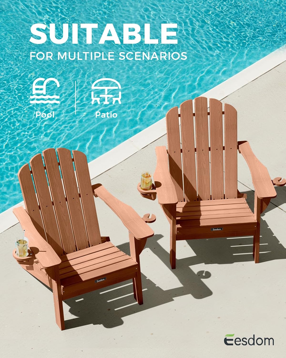 Folding Adirondack Chairs Set of 2, All-Weather HDPE Fire Pit Chair with 2 Cup Holders, Plastic Outdoor Chair for Patio Deck Garden Lawn, Teak
