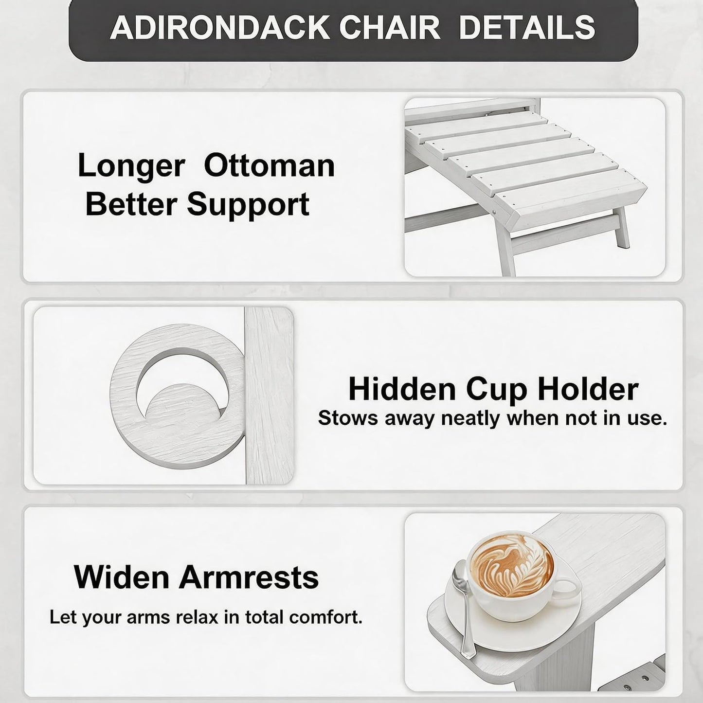 Folding Adirondack Chair with Retractable Ottoman,HDPE Outdoor Adirondack Chair with Cup Holder,All-Weather Lounge Chairs for Outside,Patio,Pool,Fire Pit,White