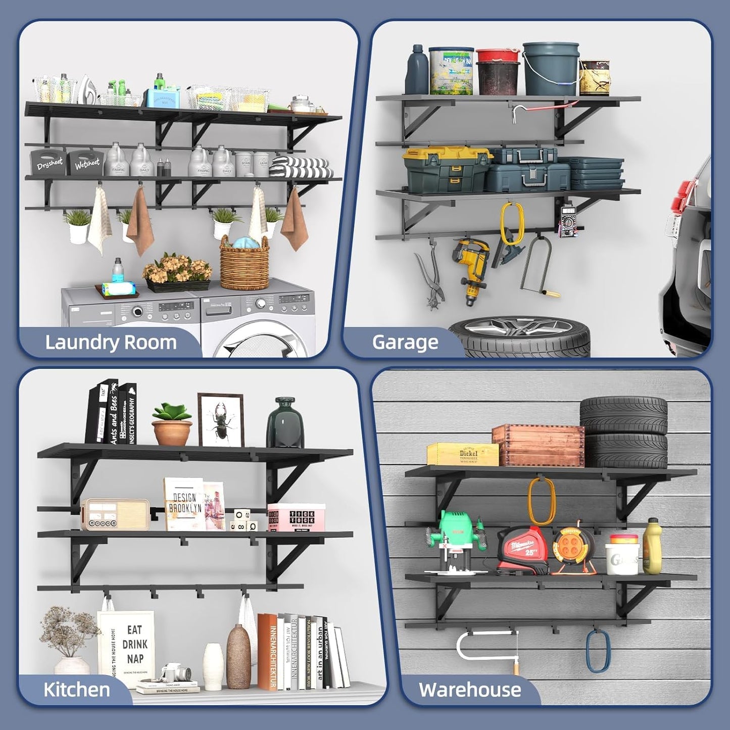 2-Pack 2x4ft Garage Shelving Wall Mounted, Heavy Duty Garage Storage Shelves with 12 Hooks, 2' x 4' Wall Mount Shelves with 500LBS Capacaity