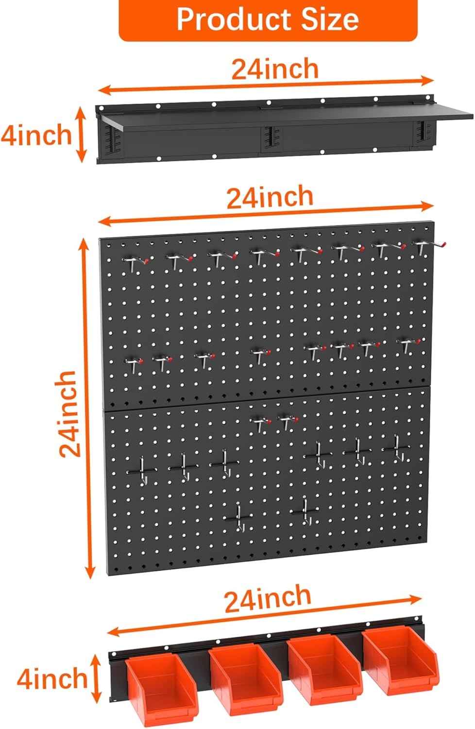 TORACK Garage Metal Pegboard with Accessories, Tools Organizer Peg Board with Pegboard Hooks, Wall Mounted Bins, Tool Storage Pegboards for Wall(Black)
