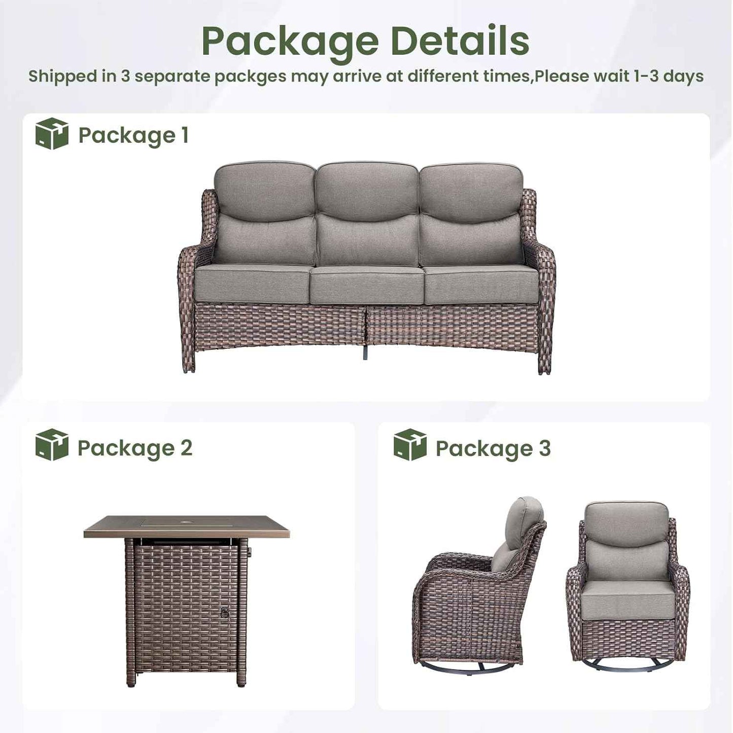 Luxury Patio Furniture Set with 6-inch Thick Cushion, Outdoor Furniture with Fire Pit Table, Swivel Chairs, Sofa, 4pcs Wicker Conversation Set for Deck Yard and Poolside(Grey)