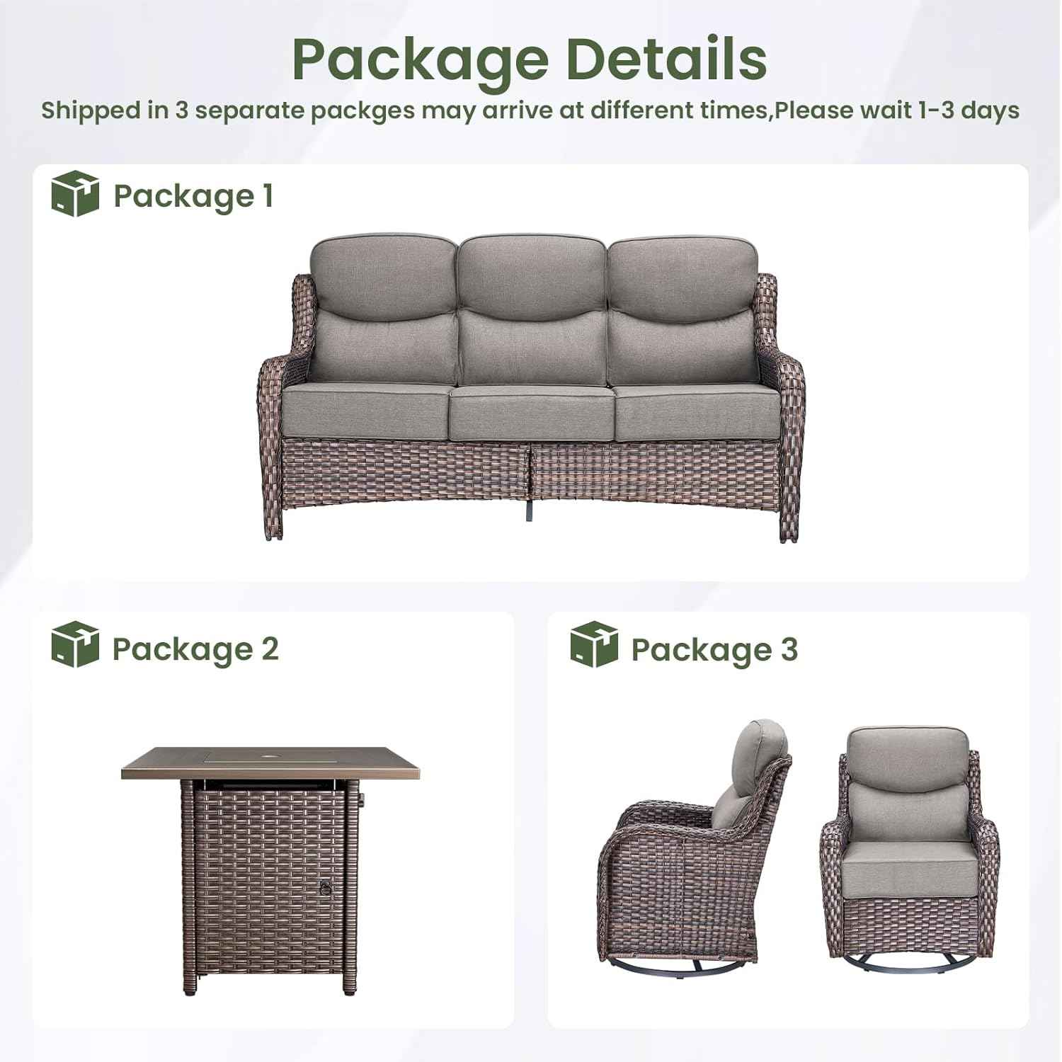 Luxury Patio Furniture Set with 6-inch Thick Cushion, Outdoor Furniture with Fire Pit Table, Swivel Chairs, Sofa, 4pcs Wicker Conversation Set for Deck Yard and Poolside(Grey)