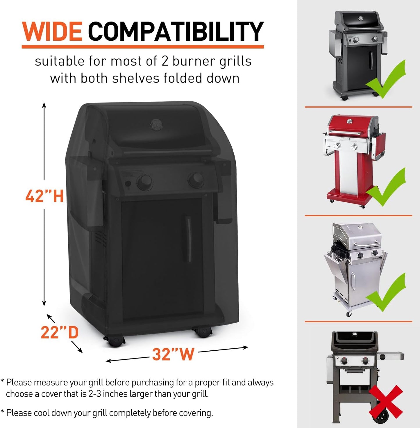 Small Grill Cover for Outdoor Grill 32 Inch, Heavy Duty Waterproof 2 Burner Gas BBQ Cover Compatible with Weber Spirit Charbroil Nexgrill with Collapsed Side Tables