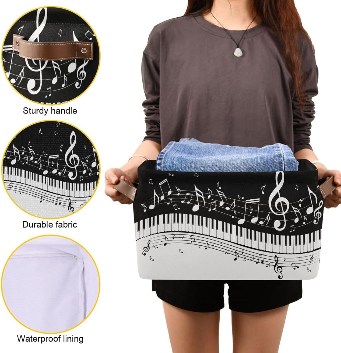 Black White Music Rectangular Storage Basket Organizer Bin Shelf Baskets For Clothes Gifts For Home Office Dorm