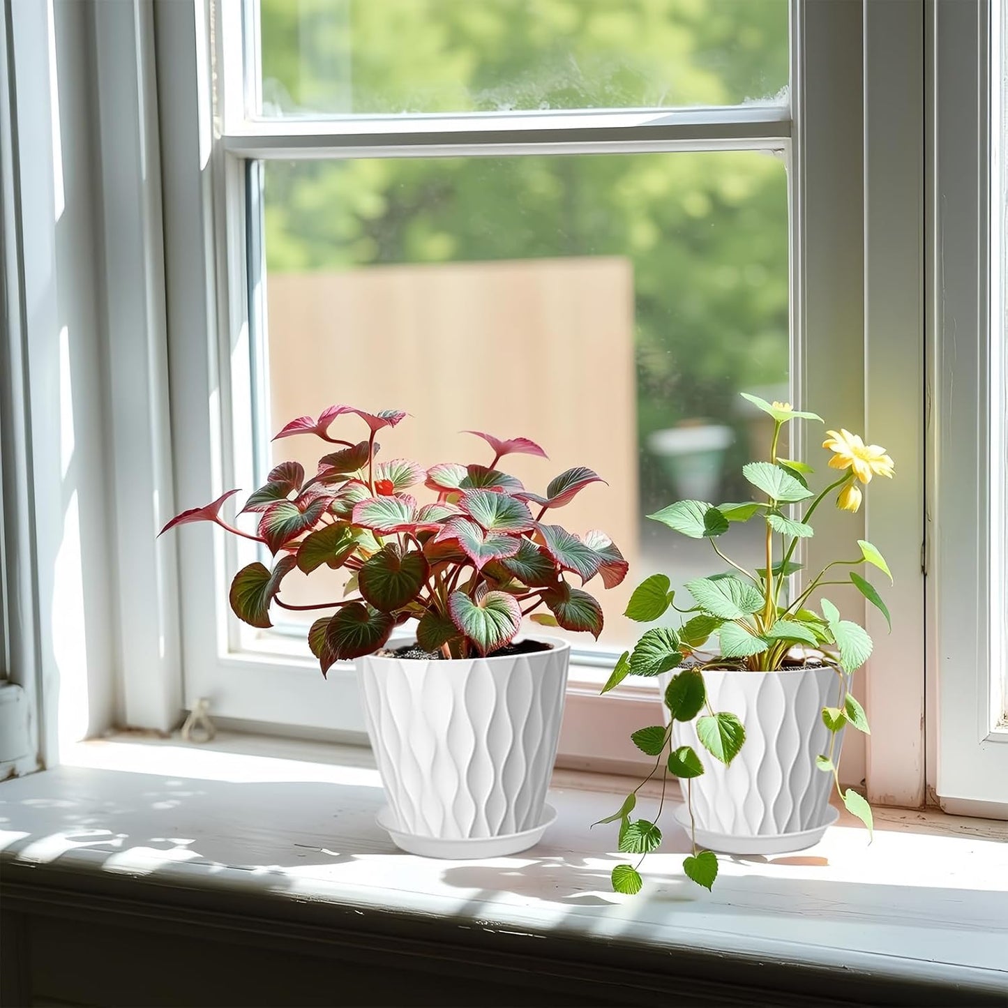 10 Pack 5 Inch Plant Pots with Drainage and Saucers, White Plastic Flower Pots for Indoor and Outdoor Plants, Stackable Nursery Planters for Houseplants and Herbs, White