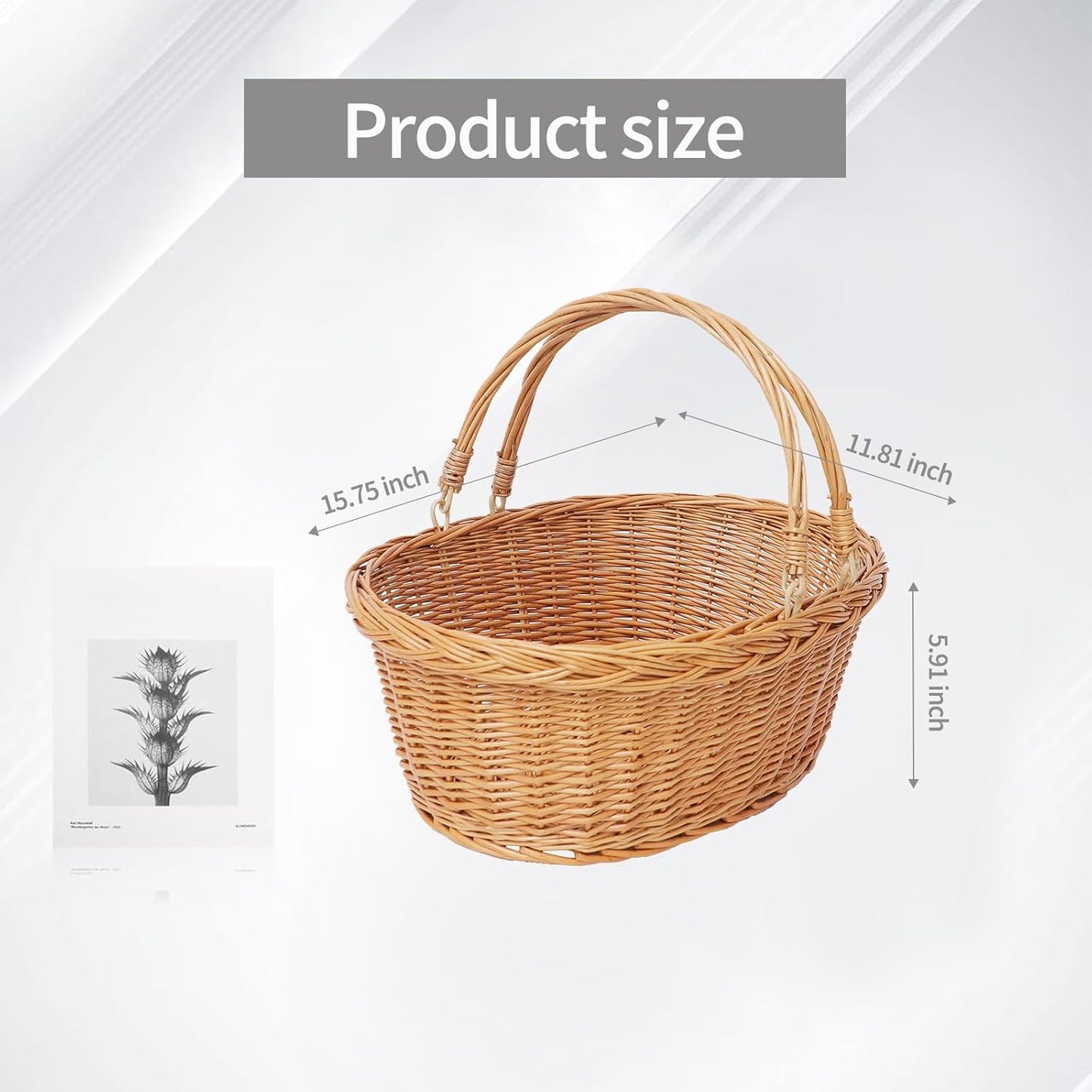 Wicker Picnic Basket with Handle, Natural Large Empty Basket Cheap Easter Egg Candy Storage Suitable for Toys, Flowers, Weddings (Original Color 15.75 * 11.81 * 5.91 inches)
