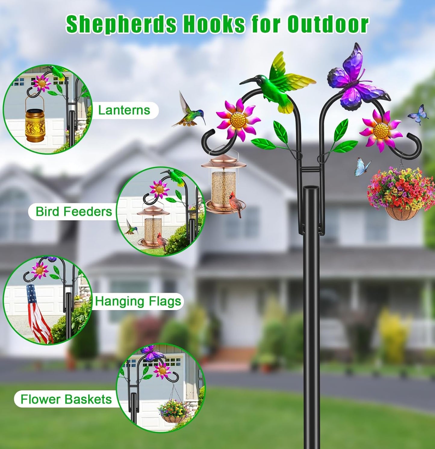 Double Shepherds Hooks for Outdoor, 78 Inch Artistic Hummingbird & Flower Design, 5 - Prong Base, Ideal for Bird Feeders, Baskets & Lanterns (2 Pack)