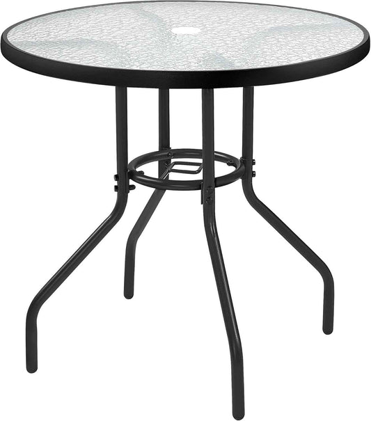 Yaheetech 27.4'' Patio Bistro Table Round Outdoor Coffee Table, Round Tempered Glass Top with 1.7'' Umbrella Hole, Iron Frame for Balcony Backyard Lawn and Garden