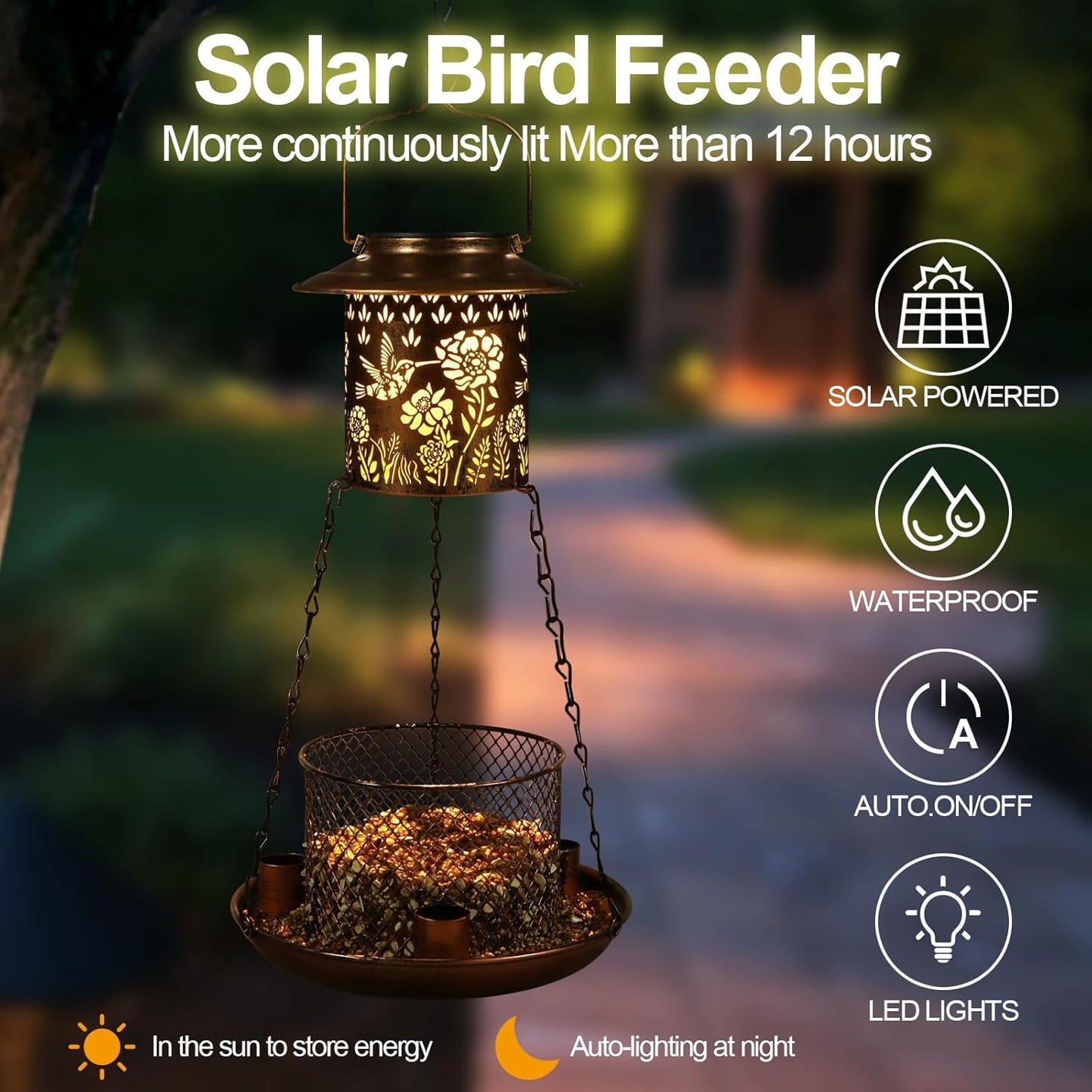 Hummingbird Solar Bird Feeder for Outdoor Hanging Gifts for Women Mom Grandma Metal Wild Birdfeeder Garden Lantern Decor Lanterns Outside for Yard, Patio, Lawn, Pathway, Landscape