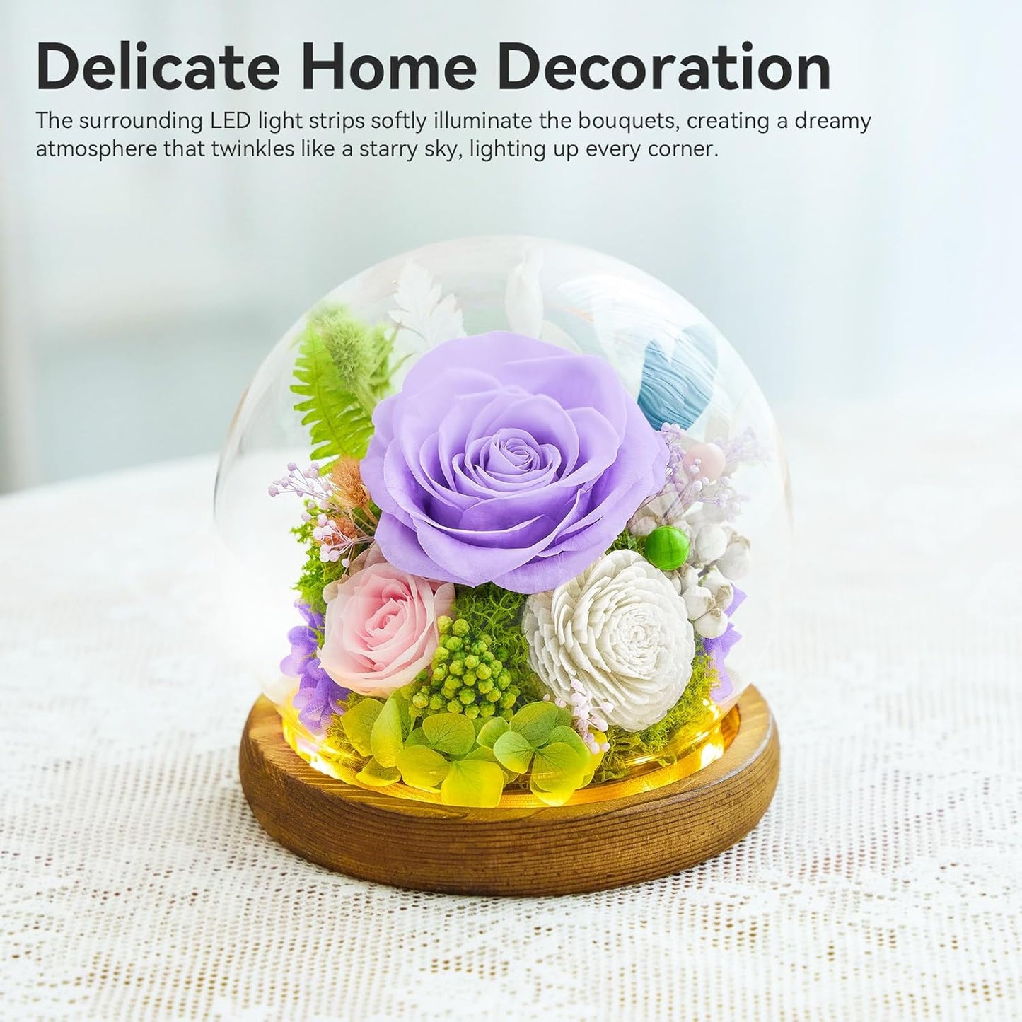 Preserved Flowers Rose Birthday Gifts for Women, Forever Flowers in Glass Ball, Long-Lasting for Mom Her Wife Grandma Anniversary Valentines (Light Purple)