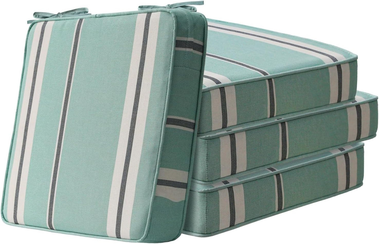 Square Corner Seat Cushions, 18.5" x 16" x 3", Set of 4, Indoor Outdoor Water Repellent Universal Chair Pads with Ties for Patio Furniture, Garden Deck Dining Chairs, Aqua Stripe