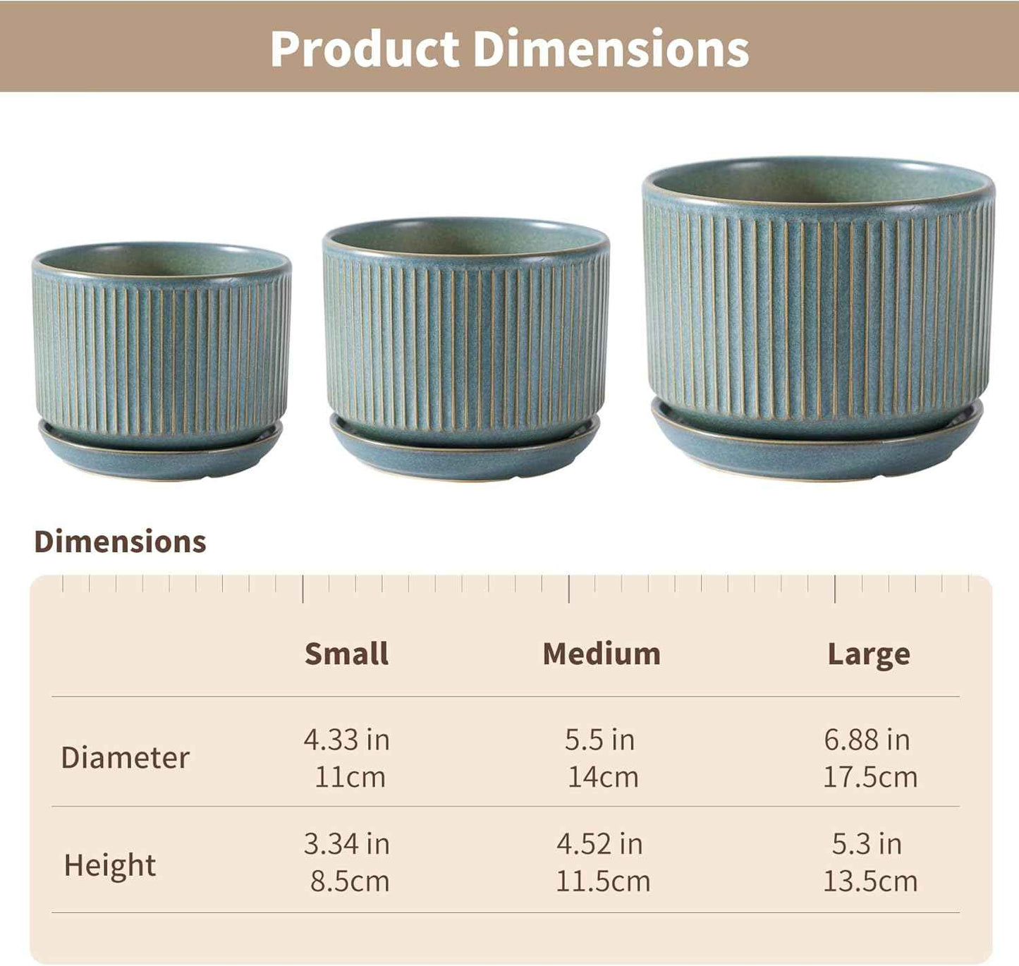 SURE YUESI Ceramic Plant Pots Set of 3, Indoor Outdoor Planters with Drainage Hole and Saucer, Ceramic Flower Pots for Indoor Plants, 4.3+5.5+6.8 Inch, Home, Garden, Patio and Office, Matte Green