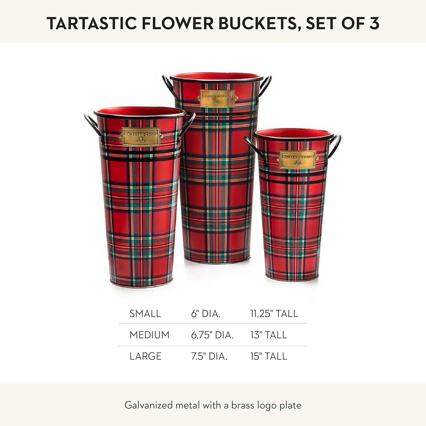 MACKENZIE-CHILDS Galvanized Flower Buckets, Decorative Metal Buckets, Tartastic, Set of 3