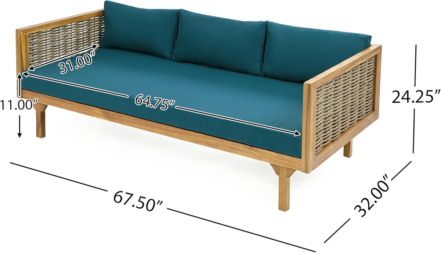 Christopher Knight Home Outdoor 3 Seater Acacia Wood Daybed with Fabric Water Resistant and Removable Cushions, Patio Garden Sofa with Wicker Armrest and Slat Paneling Back, Teak and Dark Teal
