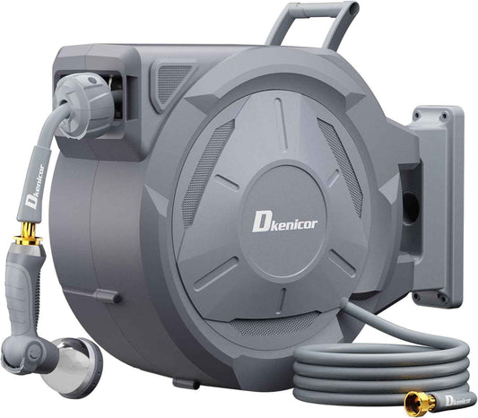 5/8" × 110 ft Retractable Hose Reel, Heavy Duty Retractable Garden Hose Reel Wall Mounted with 10-Pattern Hose Nozzle/Any Length Lock/Slow Return System/180°Swivel Bracket